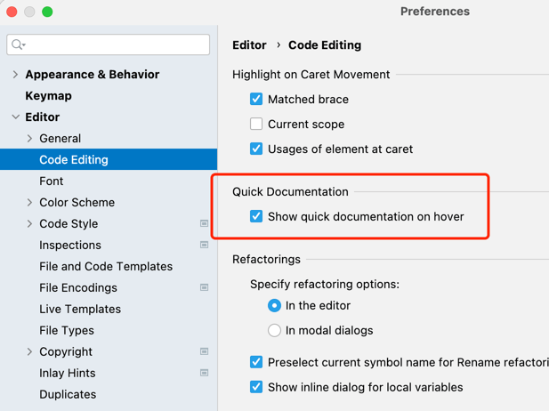 WebStorm 设置面板 Editor - General 中开启鼠标悬停显示快速文档的选项与延迟时间